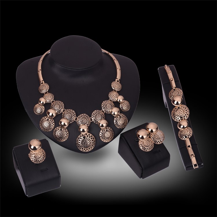 Unique Gold Plated Women's Bride Ring Necklace Earrings Bracelet Fashion Jewelry Set-1
