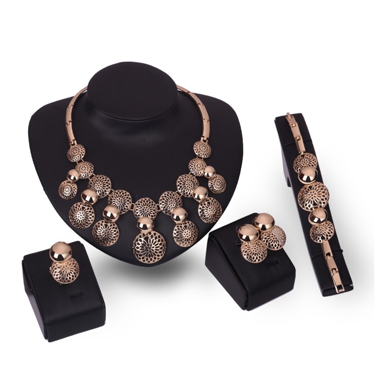 Unique Gold Plated Women's Bride Ring Necklace Earrings Bracelet Fashion Jewelry Set-2