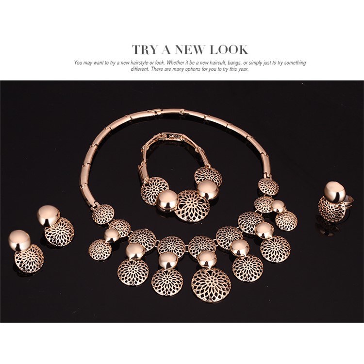 Unique Gold Plated Women's Bride Ring Necklace Earrings Bracelet Fashion Jewelry Set-4