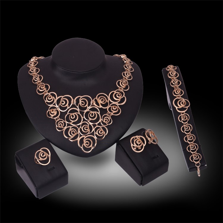 Women's Gold Plated Ring Necklace Earrings Bracelet Jewelry Set for Wedding - Style A-2