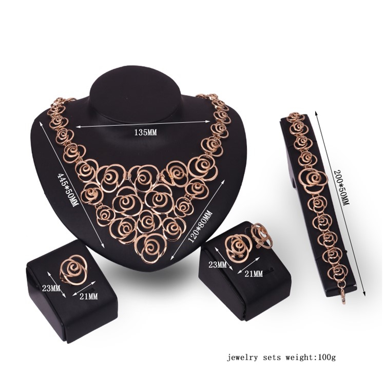 Women's Gold Plated Ring Necklace Earrings Bracelet Jewelry Set for Wedding - Style A-3