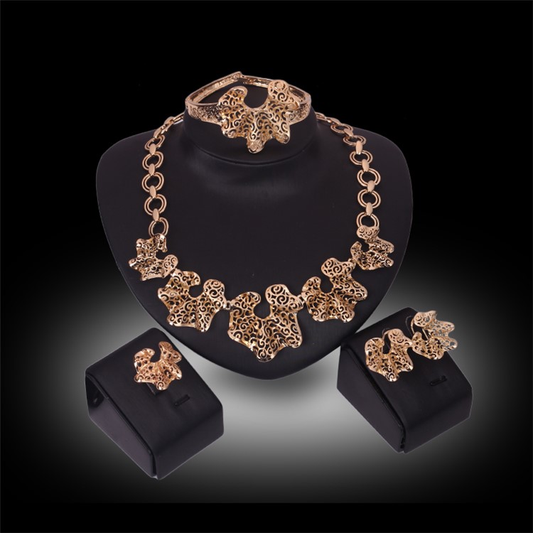 Stylish Gold Plated Necklace Ring Earrings Bracelet Jewelry Set for Wedding-1