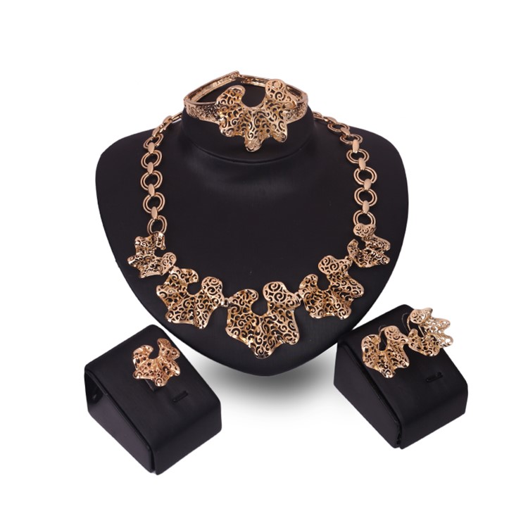 Stylish Gold Plated Necklace Ring Earrings Bracelet Jewelry Set for Wedding-2