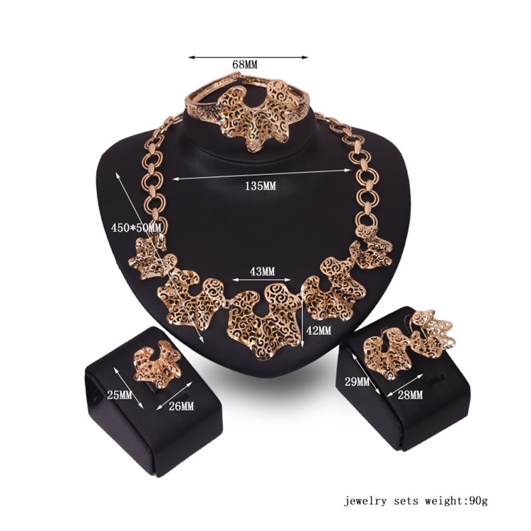 Stylish Gold Plated Necklace Ring Earrings Bracelet Jewelry Set for Wedding-3