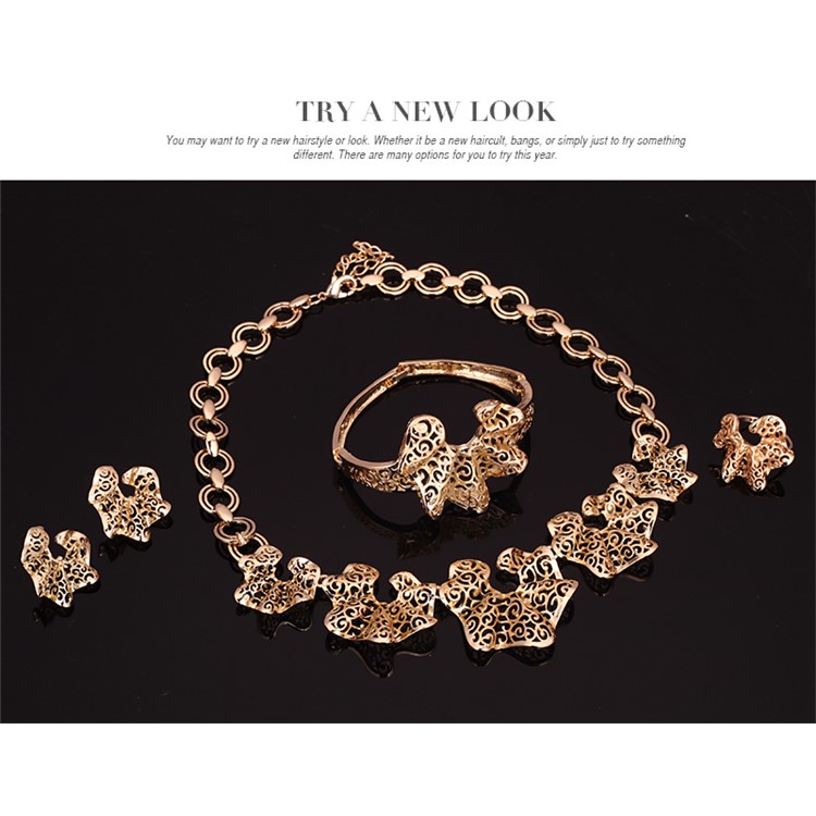 Stylish Gold Plated Necklace Ring Earrings Bracelet Jewelry Set for Wedding-4