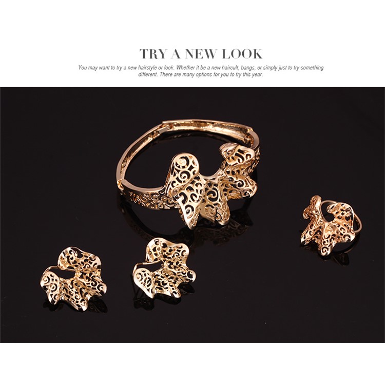 Stylish Gold Plated Necklace Ring Earrings Bracelet Jewelry Set for Wedding-7