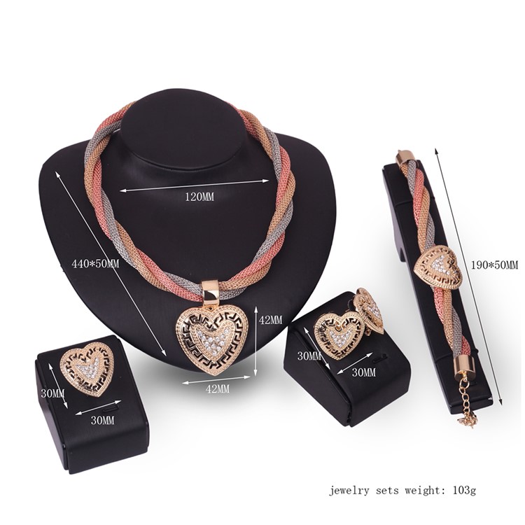 Heart Shape Gold Plated Necklace Ring Earrings Bracelet Fashion Jewelry Set-3