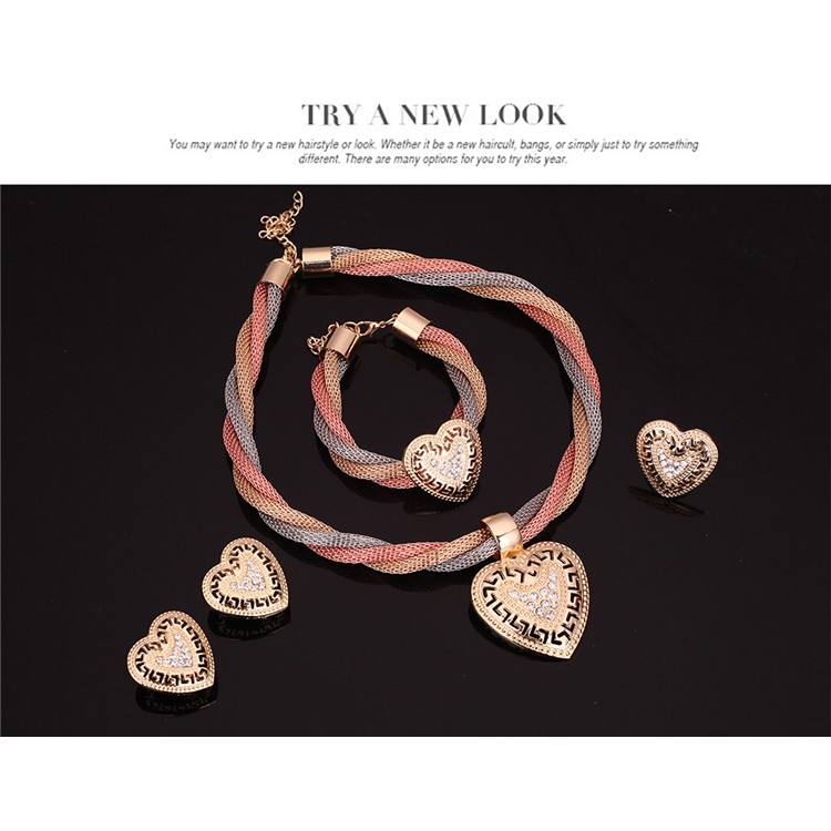 Heart Shape Gold Plated Necklace Ring Earrings Bracelet Fashion Jewelry Set-4