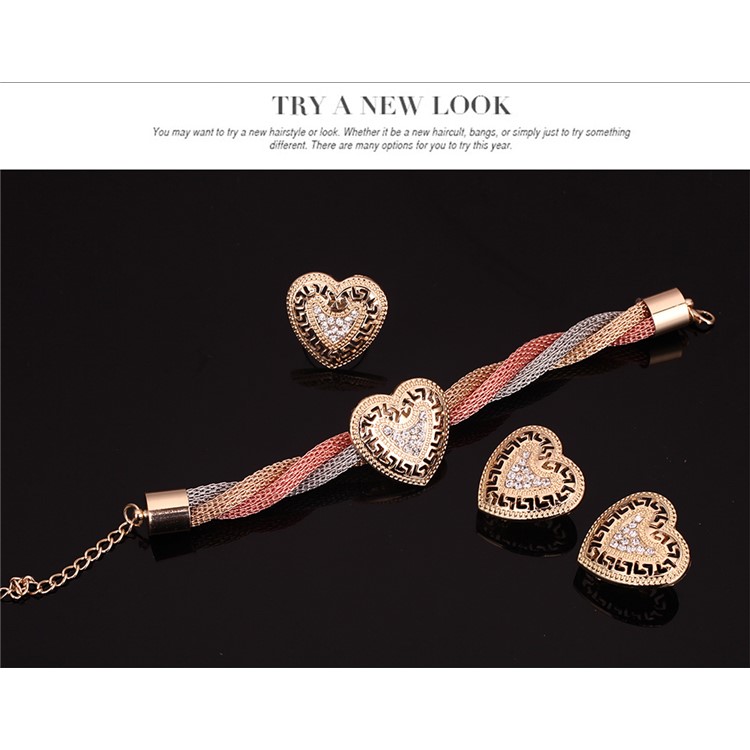 Heart Shape Gold Plated Necklace Ring Earrings Bracelet Fashion Jewelry Set-7