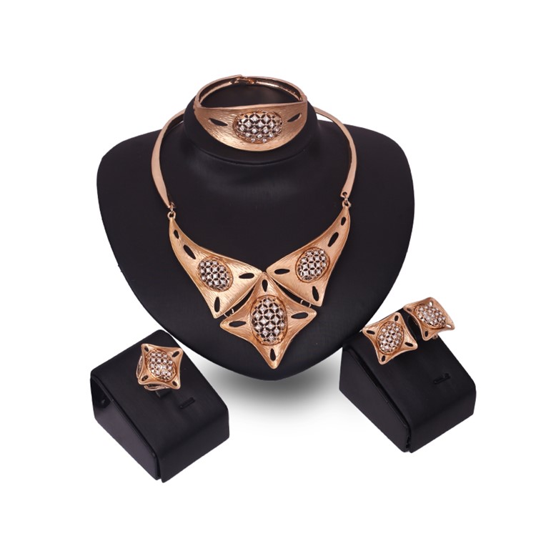 Women's Wedding Gold Plated Necklace Ring Earrings Bracelet Jewelry Set - Style A-1