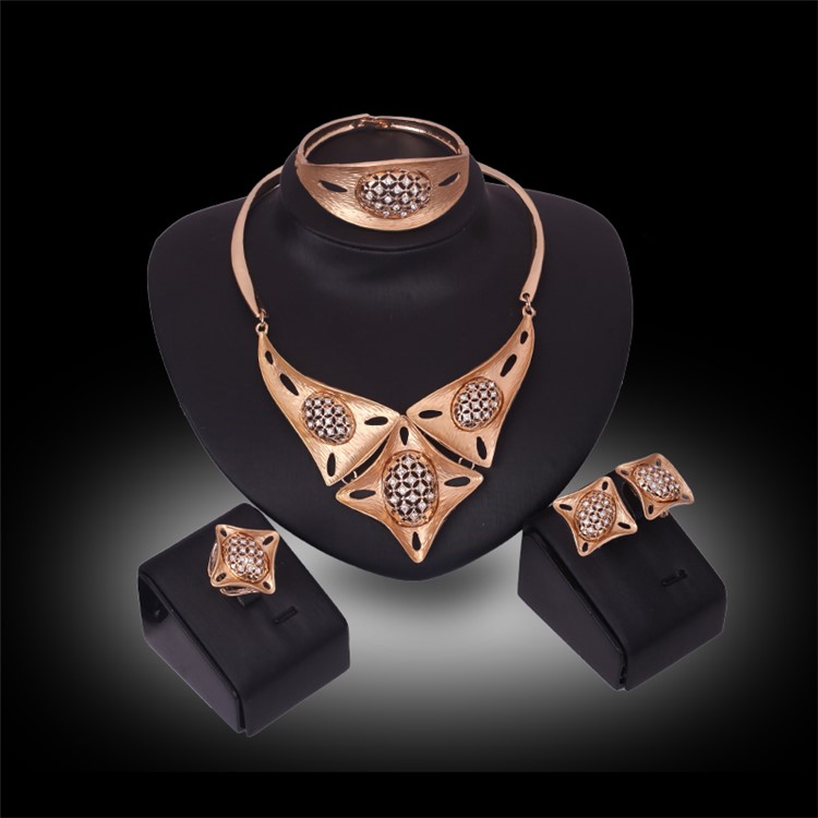 Women's Wedding Gold Plated Necklace Ring Earrings Bracelet Jewelry Set - Style A-2
