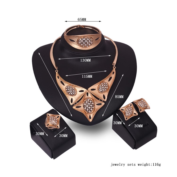 Women's Wedding Gold Plated Necklace Ring Earrings Bracelet Jewelry Set - Style A-3