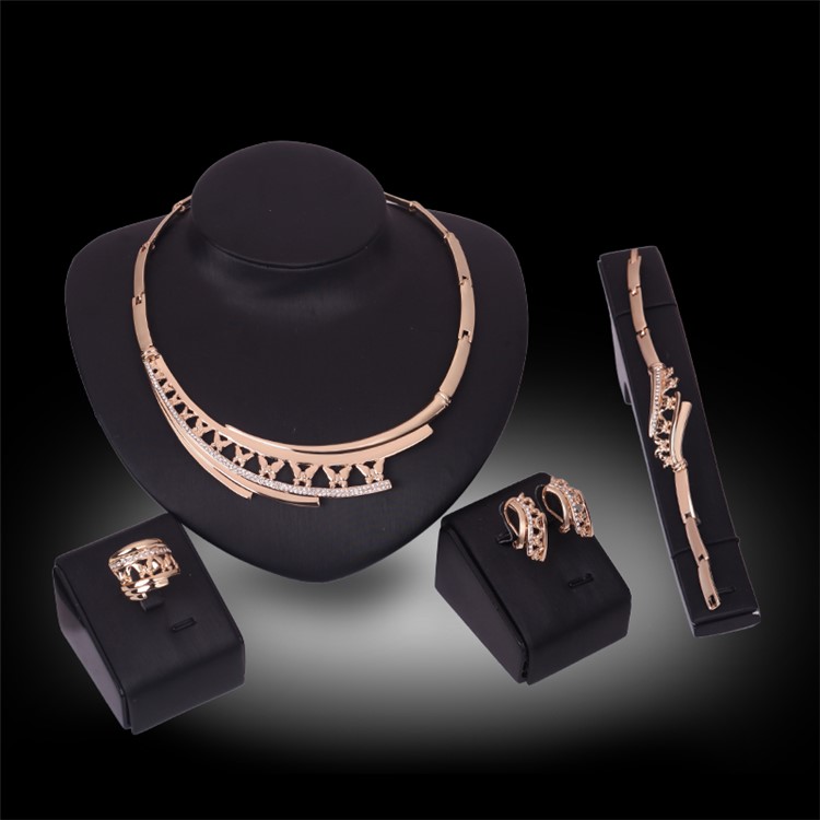 Women's Gold Plated Bracelet Necklace Ring Earrings Jewelry Wedding Set-1