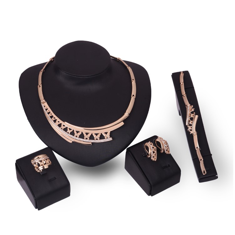 Women's Gold Plated Bracelet Necklace Ring Earrings Jewelry Wedding Set-2