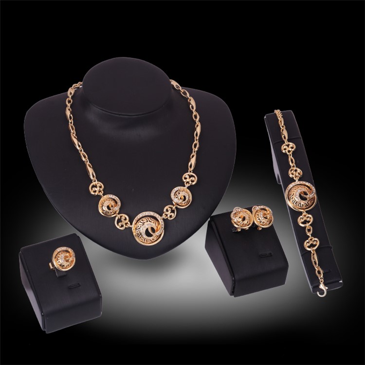 Gold Plated Women's Jewelry Ring Necklace Earrings Bracelet Wedding Jewelry Set - Style A-1