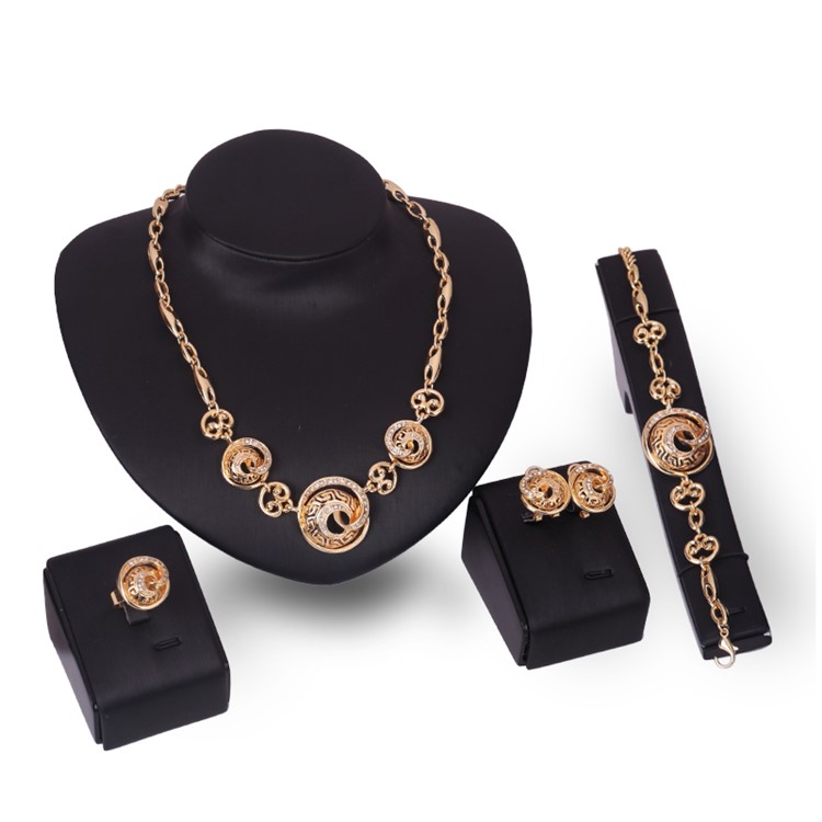 Gold Plated Women's Jewelry Ring Necklace Earrings Bracelet Wedding Jewelry Set - Style A-2