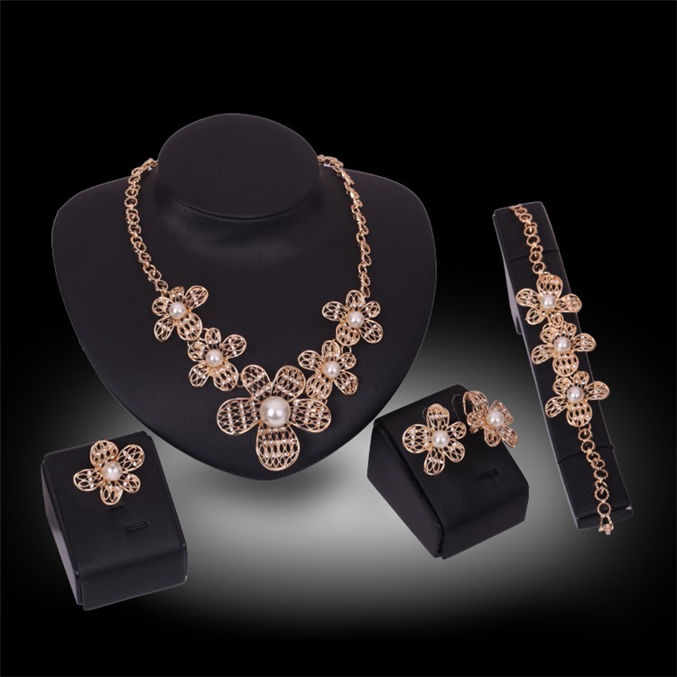 Flower Pattern Pearl Gold Plated Necklace Ring Earrings Bracelet Fashion Jewelry Set-1