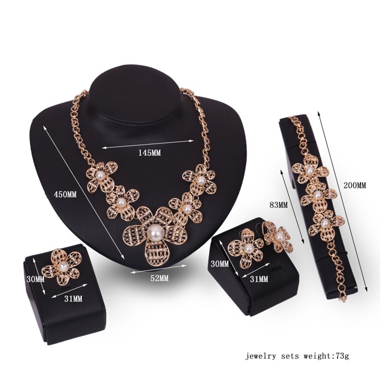 Flower Pattern Pearl Gold Plated Necklace Ring Earrings Bracelet Fashion Jewelry Set-3