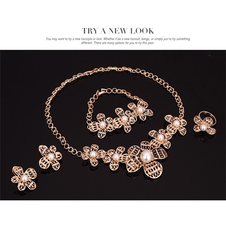Flower Pattern Pearl Gold Plated Necklace Ring Earrings Bracelet Fashion Jewelry Set-4
