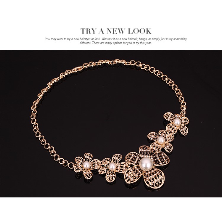 Flower Pattern Pearl Gold Plated Necklace Ring Earrings Bracelet Fashion Jewelry Set-5