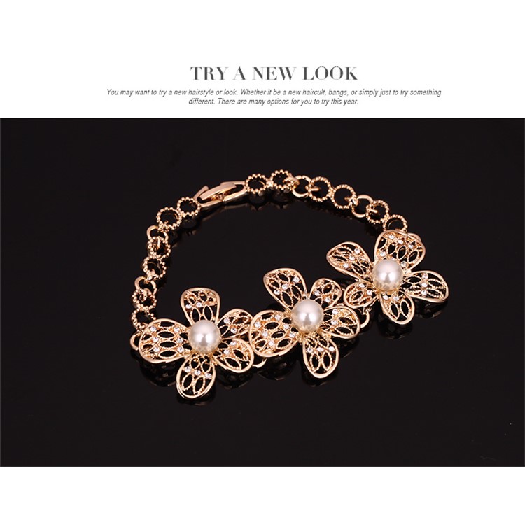 Flower Pattern Pearl Gold Plated Necklace Ring Earrings Bracelet Fashion Jewelry Set-6