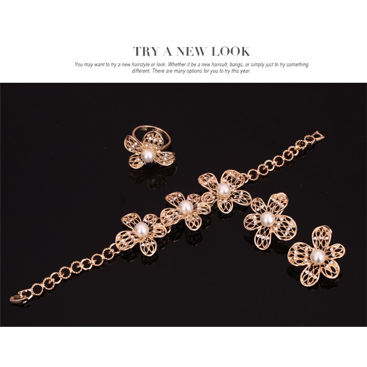 Flower Pattern Pearl Gold Plated Necklace Ring Earrings Bracelet Fashion Jewelry Set-7