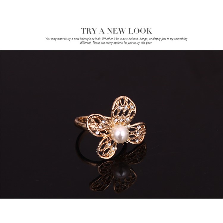 Flower Pattern Pearl Gold Plated Necklace Ring Earrings Bracelet Fashion Jewelry Set-8