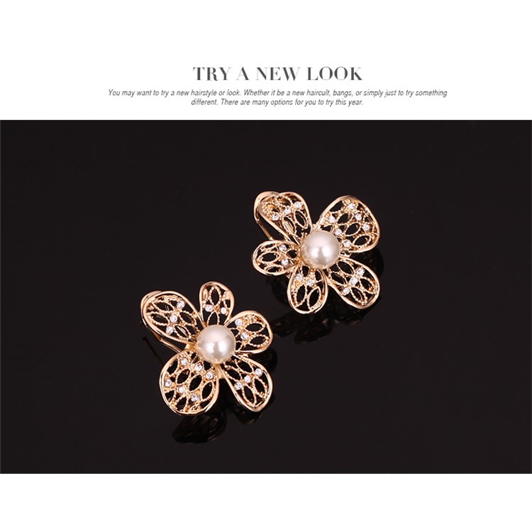 Flower Pattern Pearl Gold Plated Necklace Ring Earrings Bracelet Fashion Jewelry Set-9