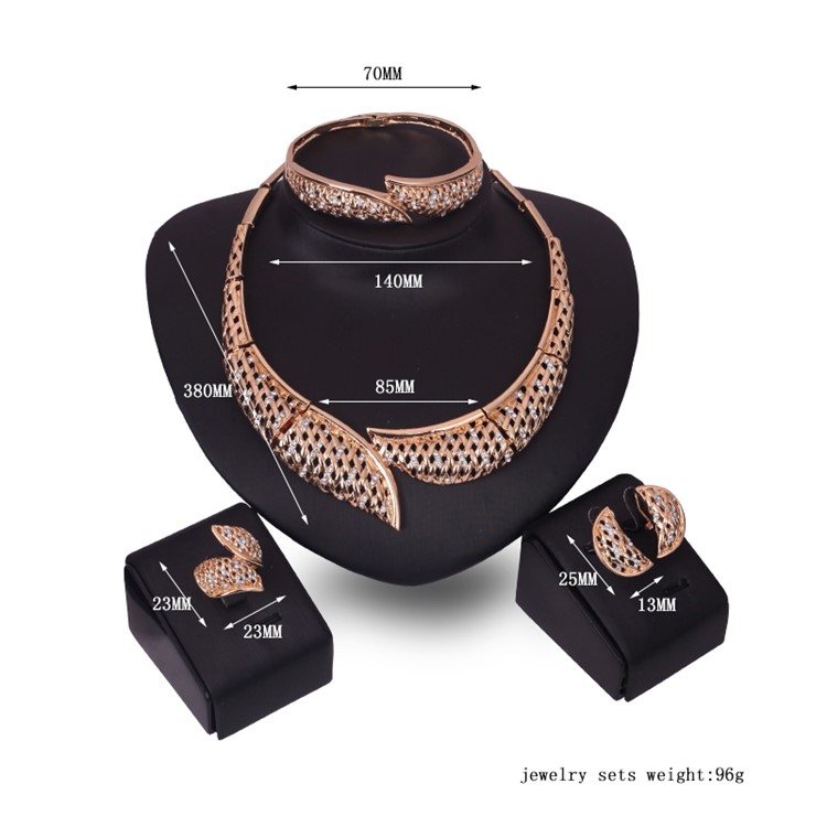 Fashion Gold Plated Necklace Ring Earrings Bracelet Wedding Jewelry Set-3