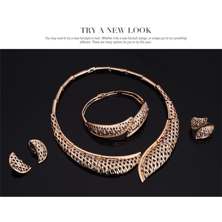 Fashion Gold Plated Necklace Ring Earrings Bracelet Wedding Jewelry Set-4