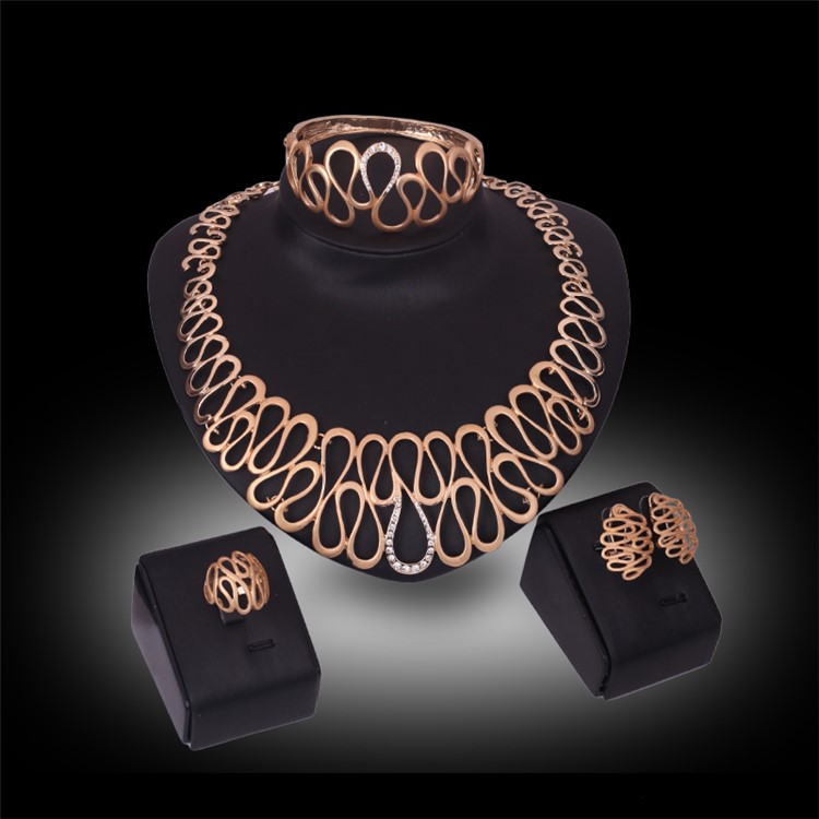 Wedding Gold Plated Necklace Ring Earrings Bracelet Jewelry Set for Women-2