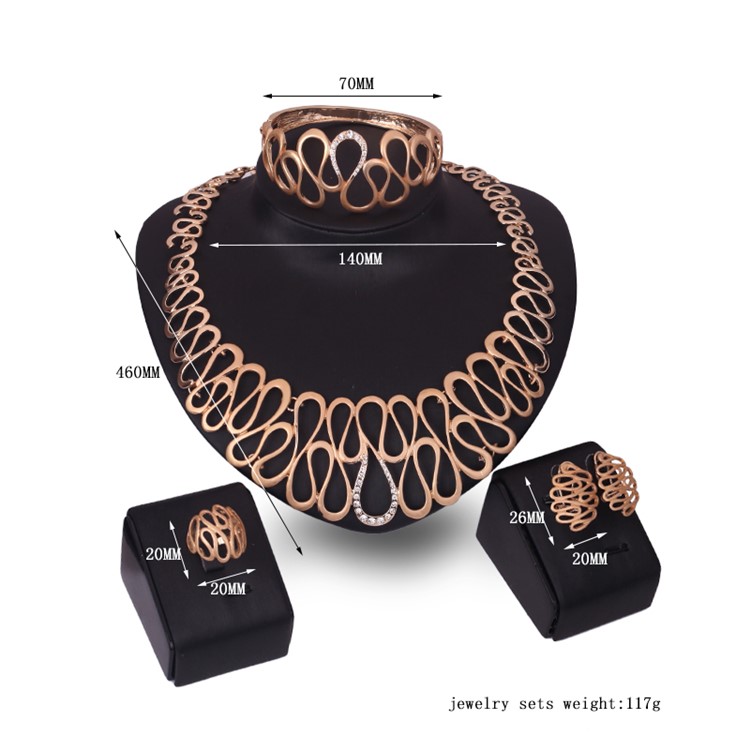 Wedding Gold Plated Necklace Ring Earrings Bracelet Jewelry Set for Women-3