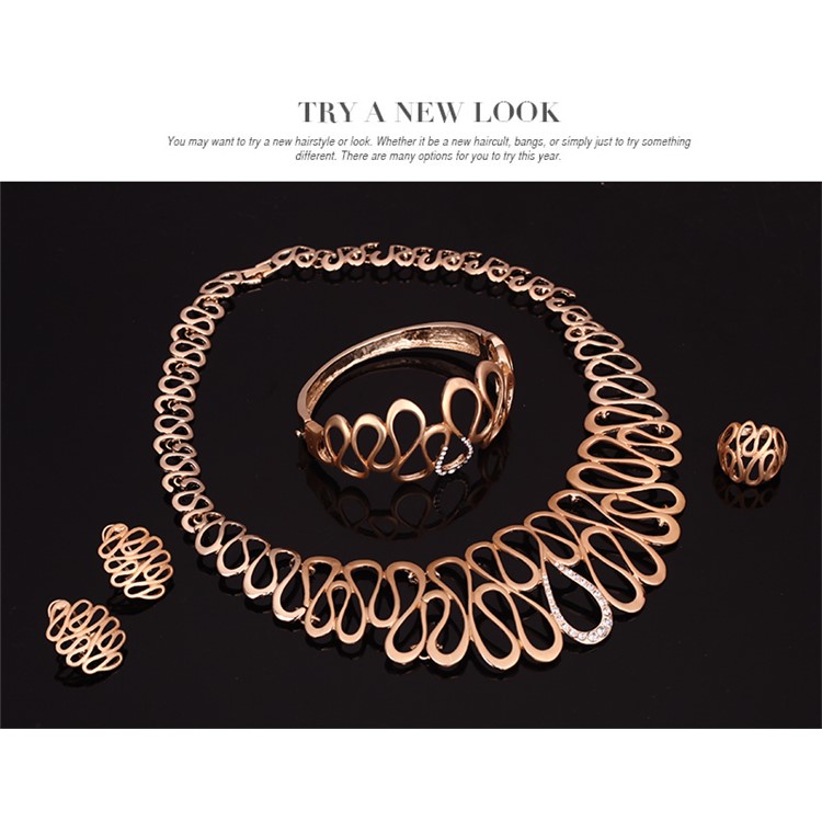 Wedding Gold Plated Necklace Ring Earrings Bracelet Jewelry Set for Women-4