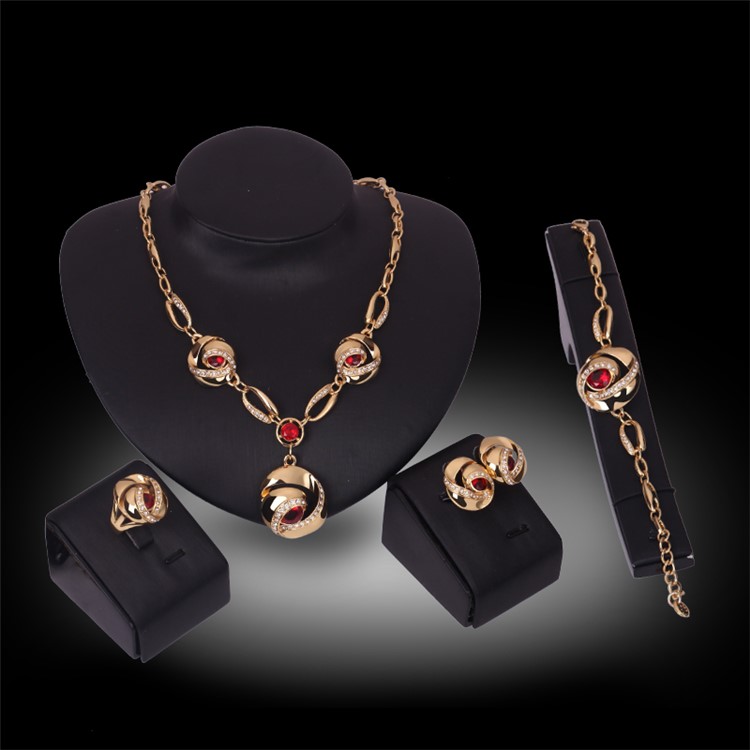 Gold Plated Women's Bride Ring Necklace Earrings Bracelet Wedding Jewelry Set - Style A-1