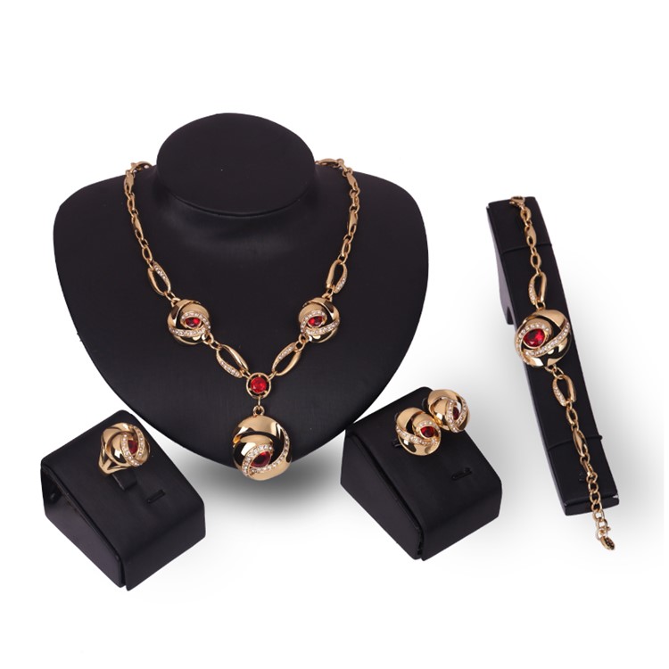 Gold Plated Women's Bride Ring Necklace Earrings Bracelet Wedding Jewelry Set - Style A-2