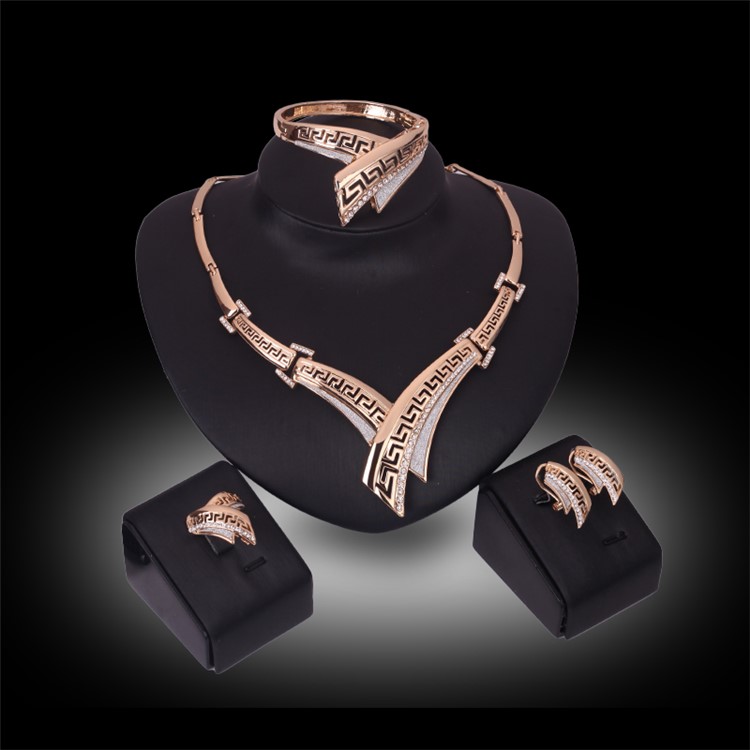 Gold Plated Women Wedding Bride Ring Necklace Earrings Bracelet Jewelry Set-2