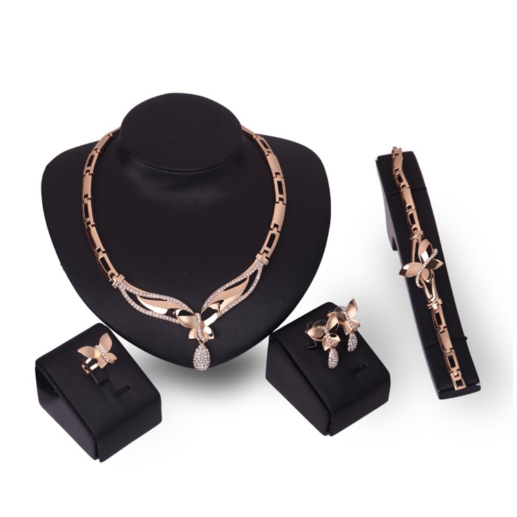 Women's Fashion Gold Plated Jewelry Set Earrings Necklace Bracelet Ring Charm Set-1