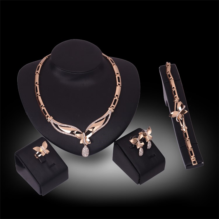 Women's Fashion Gold Plated Jewelry Set Earrings Necklace Bracelet Ring Charm Set-2
