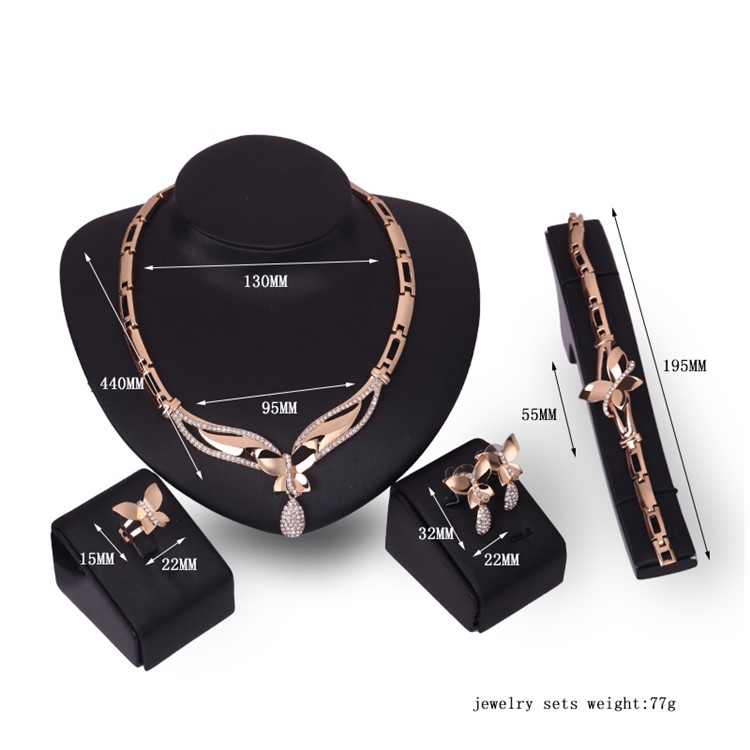Women's Fashion Gold Plated Jewelry Set Earrings Necklace Bracelet Ring Charm Set-3