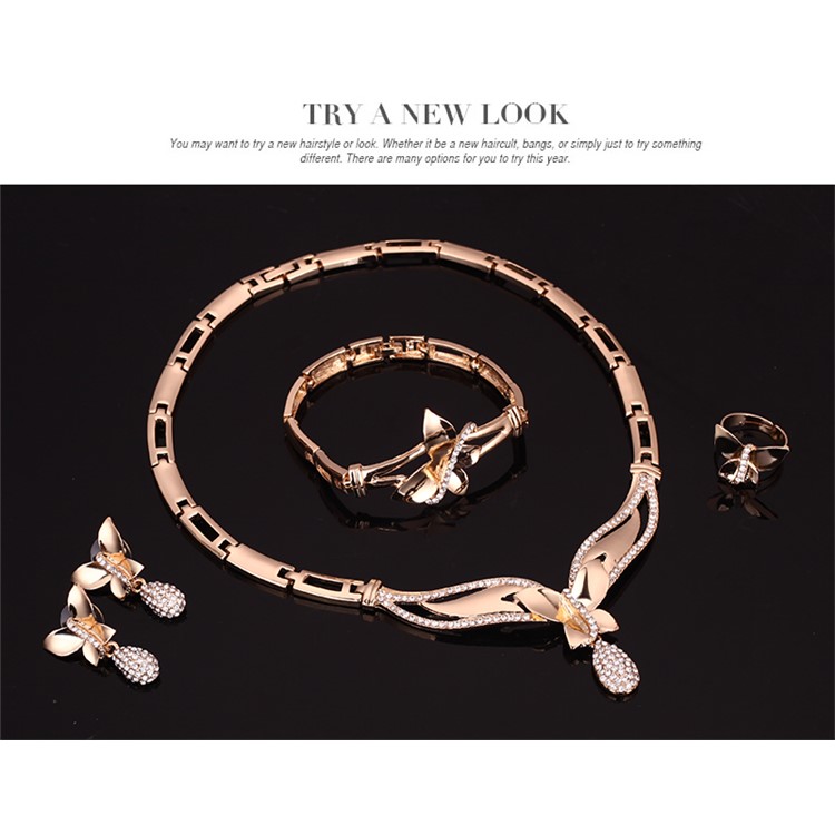 Women's Fashion Gold Plated Jewelry Set Earrings Necklace Bracelet Ring Charm Set-4