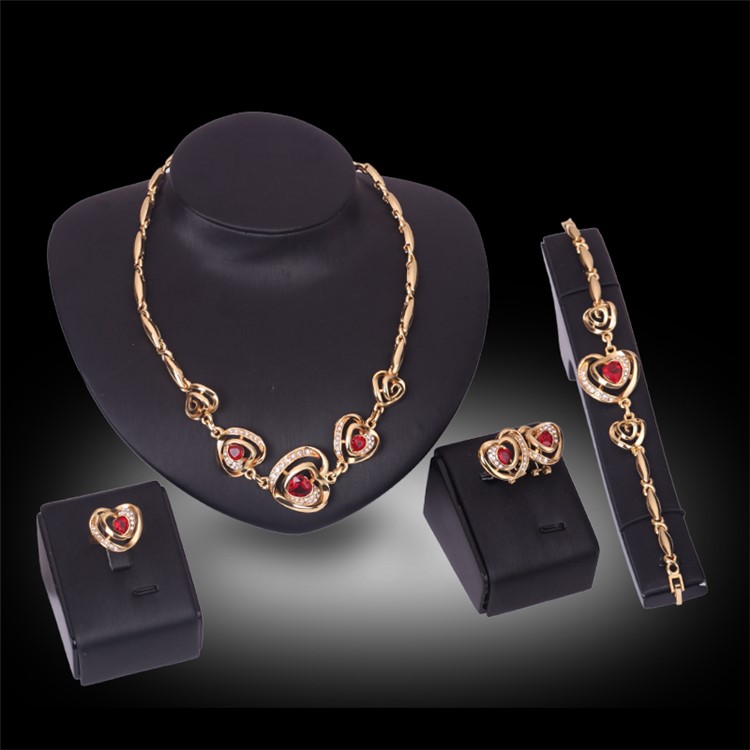Women's Fashion Gold Plated Bracelet Earrings Necklace Ring Jewelry Set-1