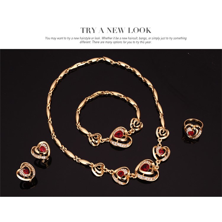 Women's Fashion Gold Plated Bracelet Earrings Necklace Ring Jewelry Set-4