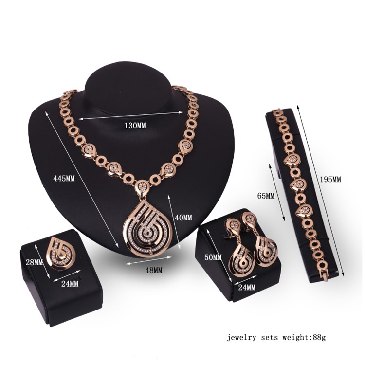 Fashion Gold Plated Earrings Necklace Ring Bracelet Jewelry Set for Women-3