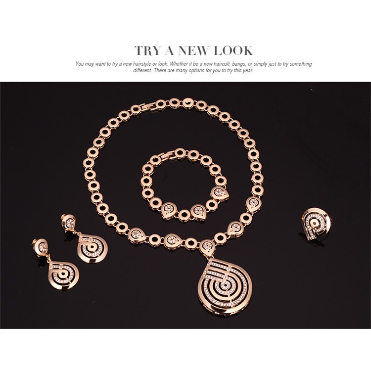 Fashion Gold Plated Earrings Necklace Ring Bracelet Jewelry Set for Women-4