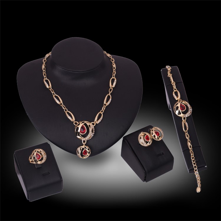 Wedding Women's Gold Plated Necklace Ring Earrings Bracelet Bride Jewelry Set-2
