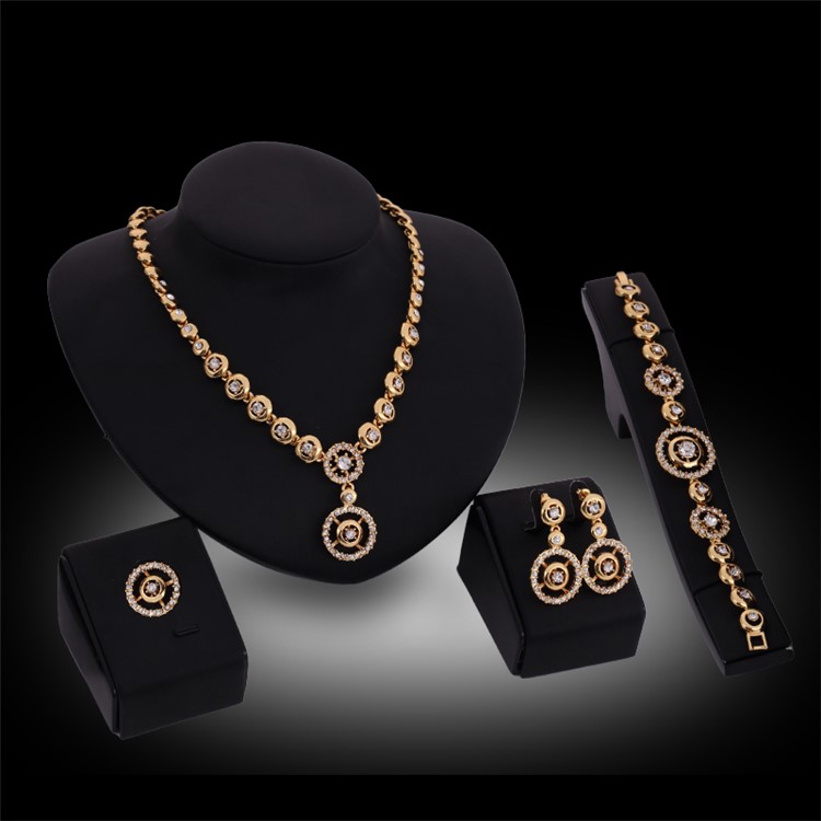 Fashion Gold Plated Ring Necklace Earrings Bracelet Wedding Jewelry Set - Style A-1