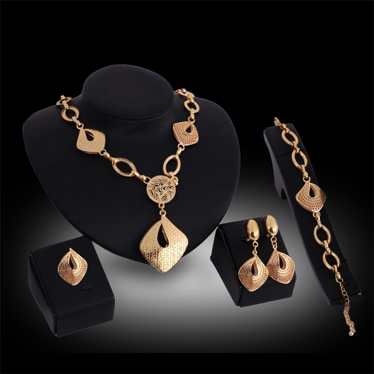 Gold Plated Women Ring Necklace Earrings Bracelet Jewelry Set-1