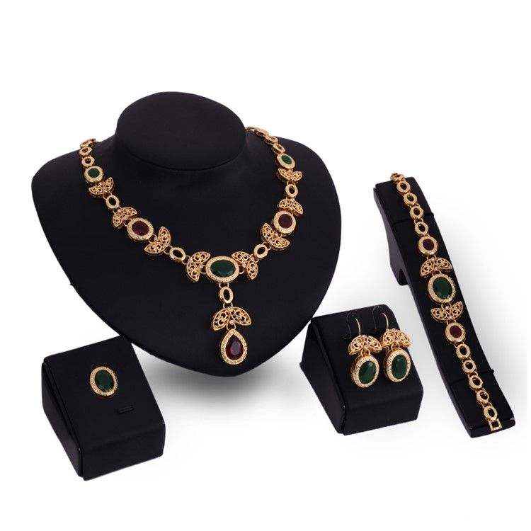 Wedding Fashion Women's Gold Plated Necklace Ring Earrings Bracelet Jewelry Set-1
