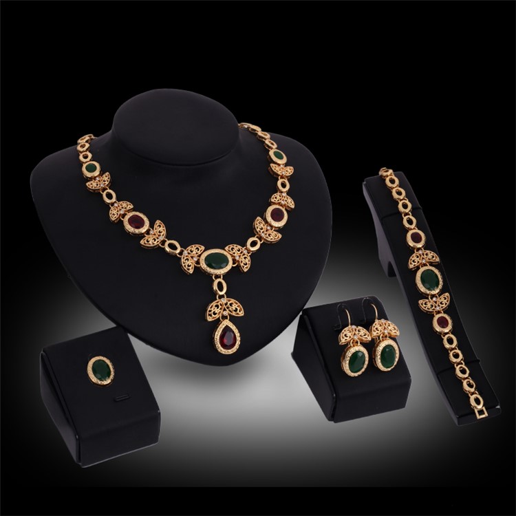 Wedding Fashion Women's Gold Plated Necklace Ring Earrings Bracelet Jewelry Set-3
