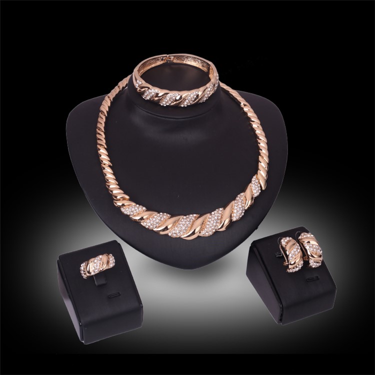 Women's Gold Plated Necklace Ring Earrings Bracelet Jewelry Set for Wedding-2